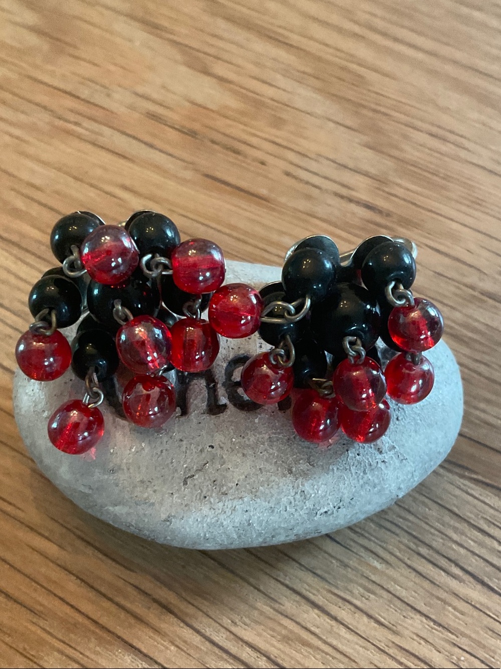 Western Germany Vintage Black and Red Bead Cluster Screw Back Earrings